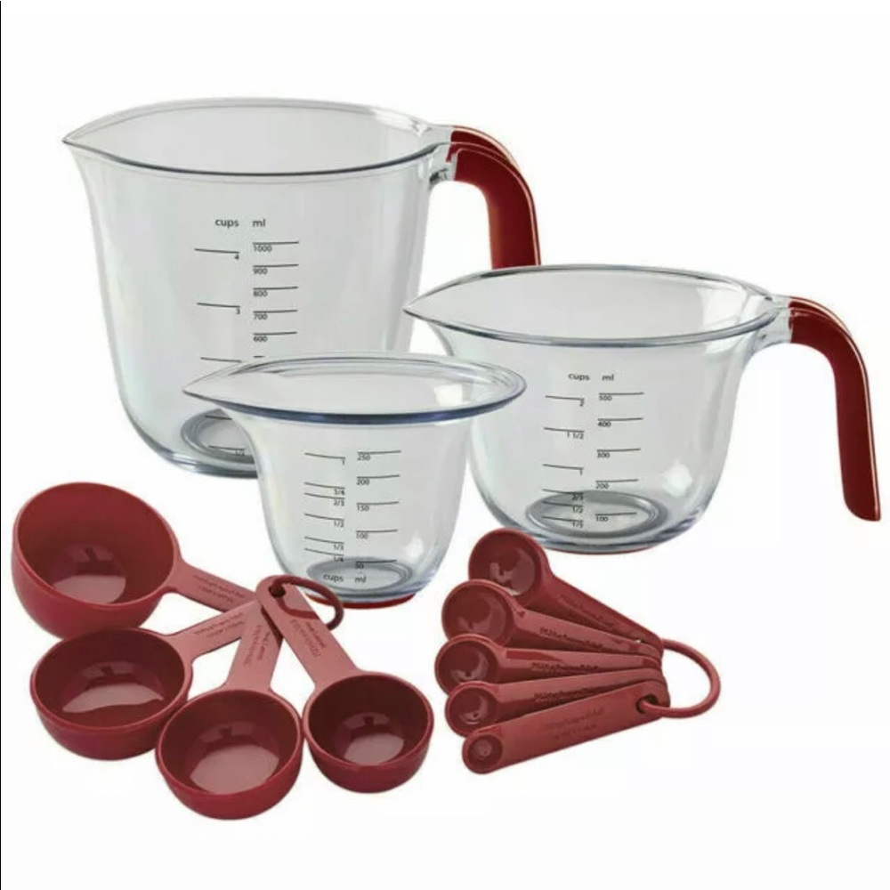 KitchenAid 12 Piece Measuring Cups and Spoons Set Red and Clear Brand New